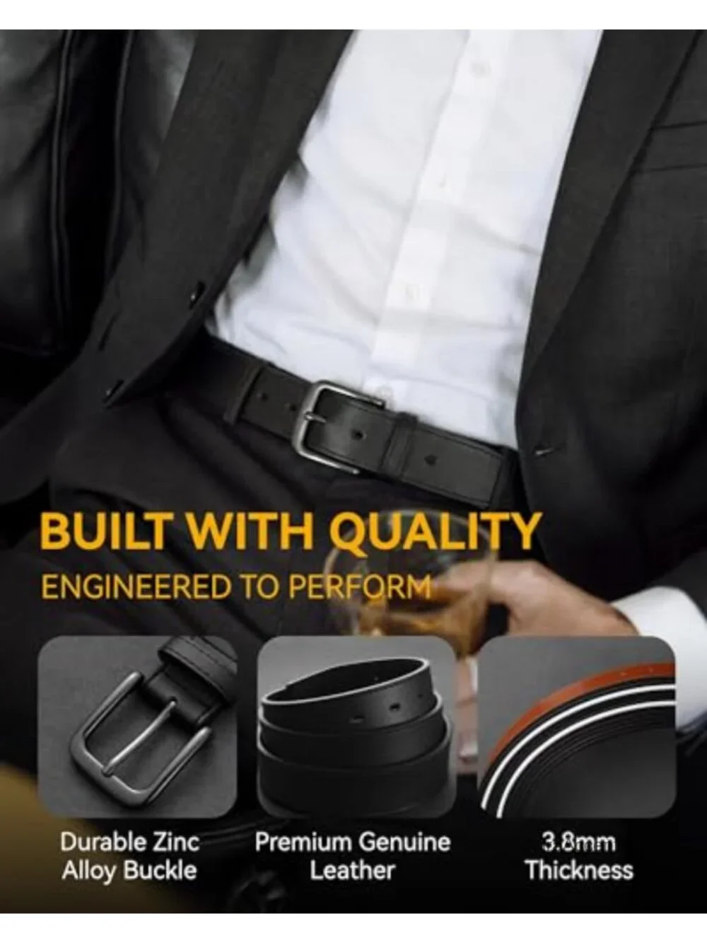 Genuine Leather Belt for Jeans, Heavyweight 35mm Classic Buckle, Adult Men's